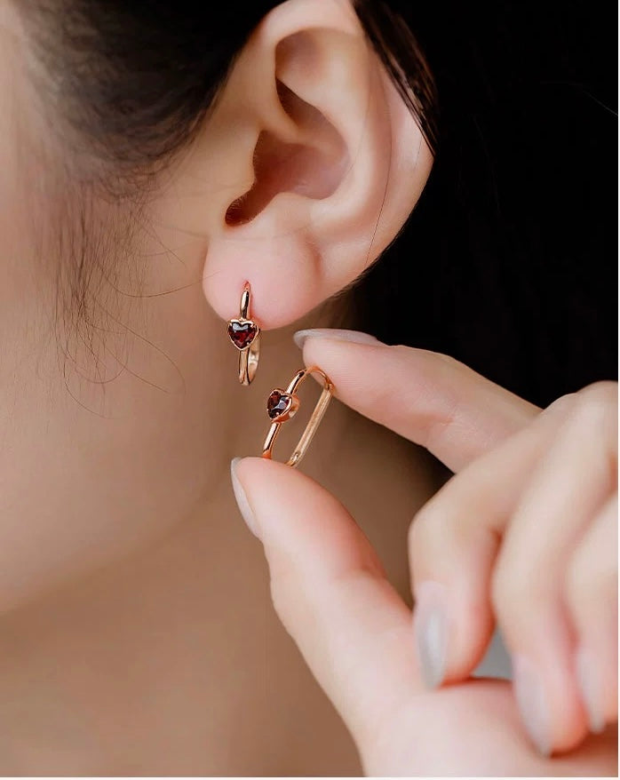 Red Garnet Heart Oval Hoop Earrings