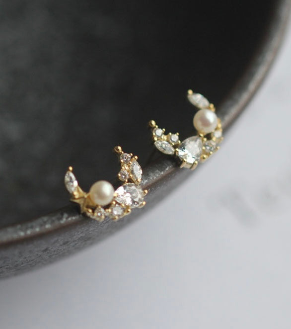 Crystal Pearl Crescent Stud Earrings