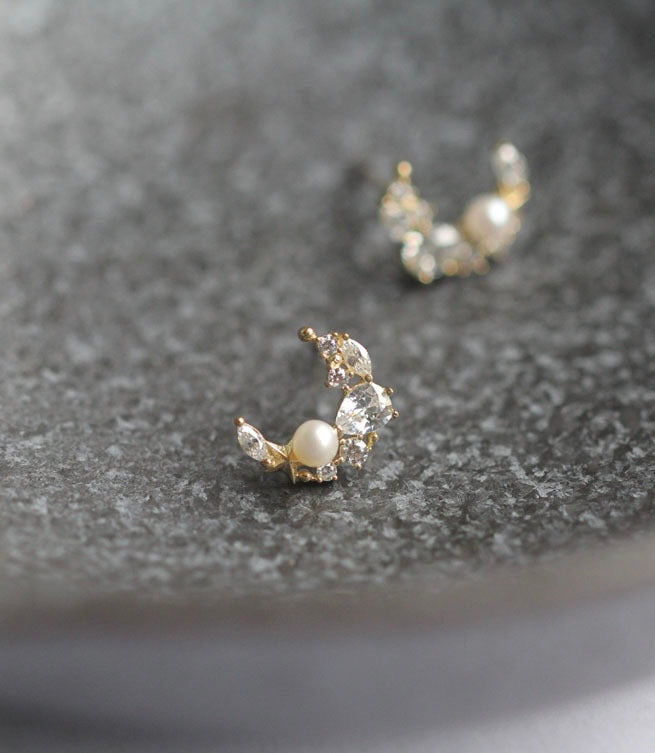 Crystal Pearl Crescent Stud Earrings