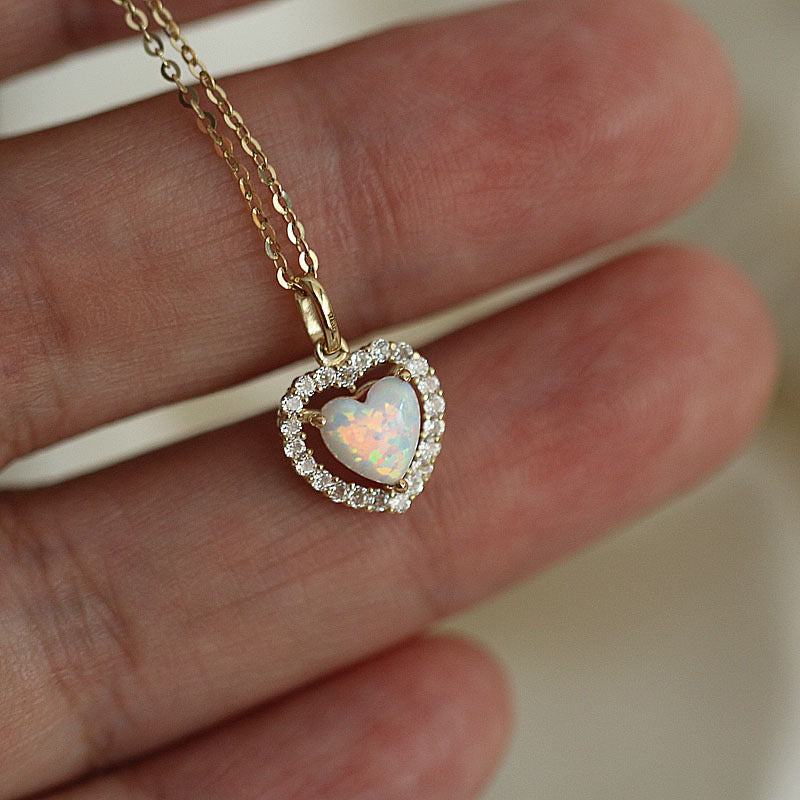 Opal Heart Stone Charm Necklace