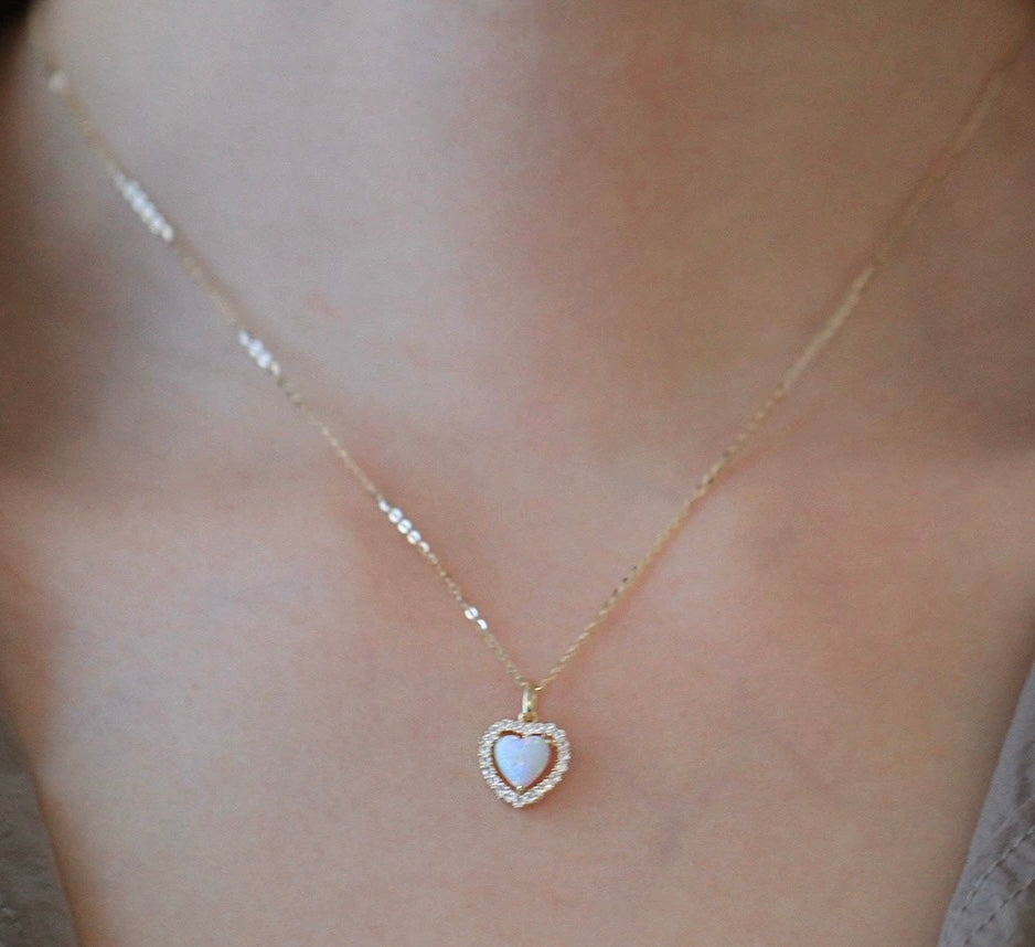 Opal Heart Stone Charm Necklace