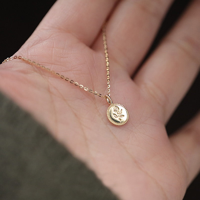 Carved Rose Coin Charm Necklace