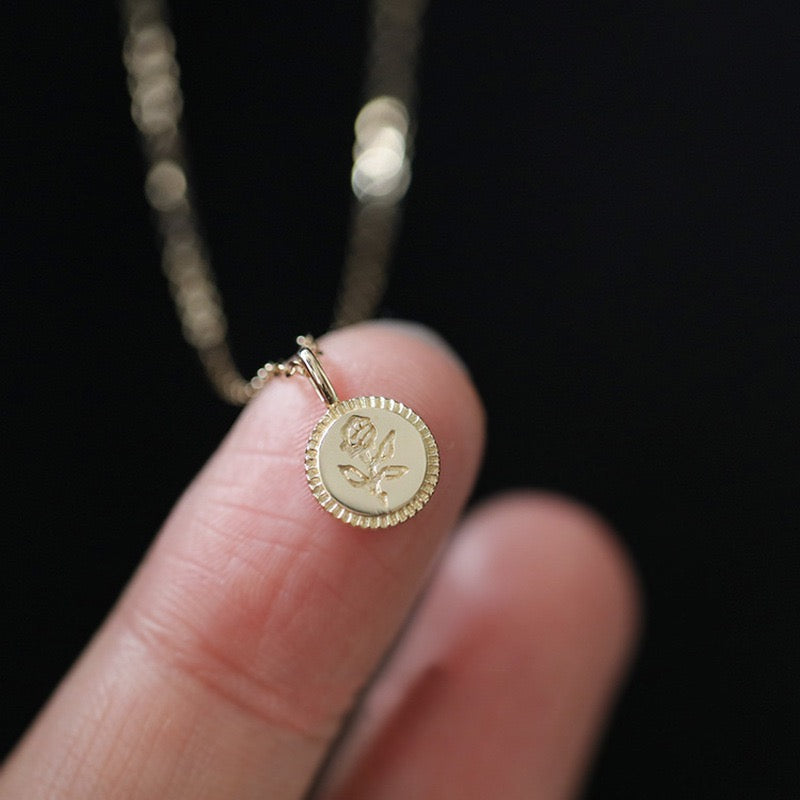 Carved Rose Coin Charm Necklace