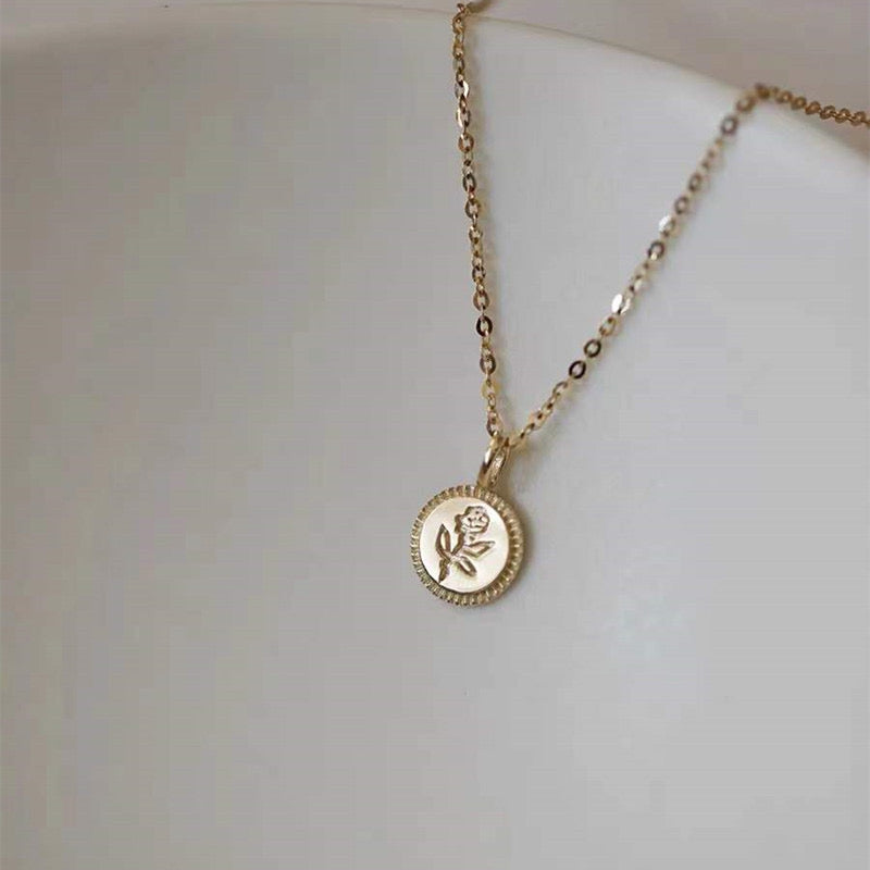 Carved Rose Coin Charm Necklace