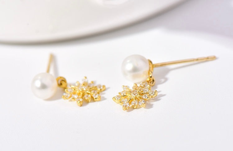 Pearl & Snowflake Charm Stud Earrings