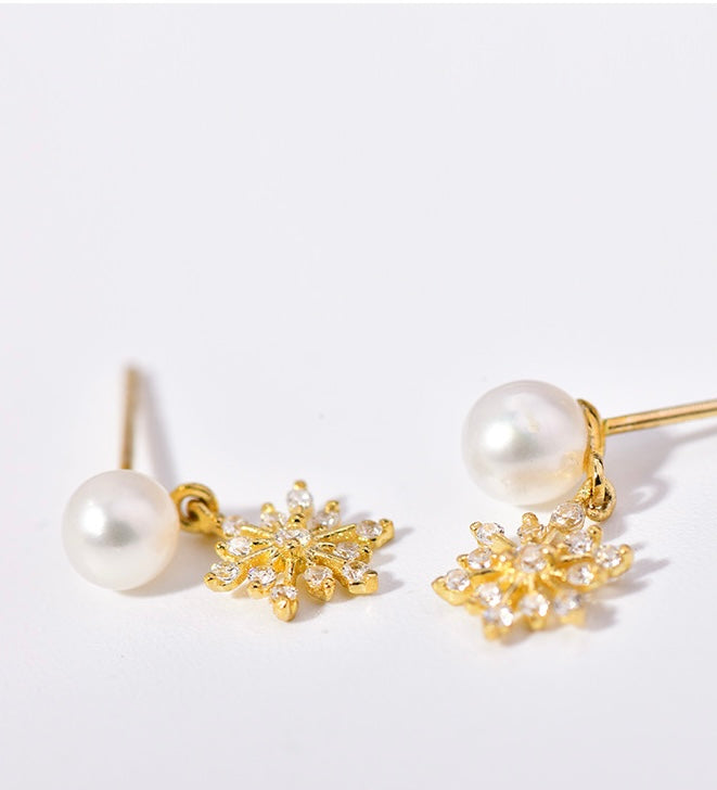 Pearl & Snowflake Charm Stud Earrings