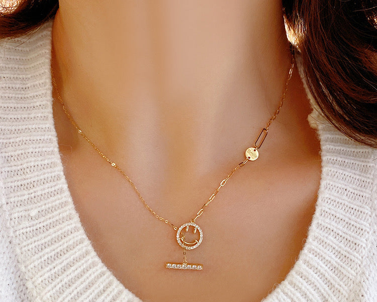 Smile Face Lariat T-Bar Necklace