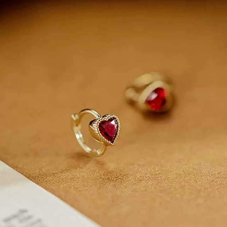 Beaded Red Moissanite Heart Huggie Hoops