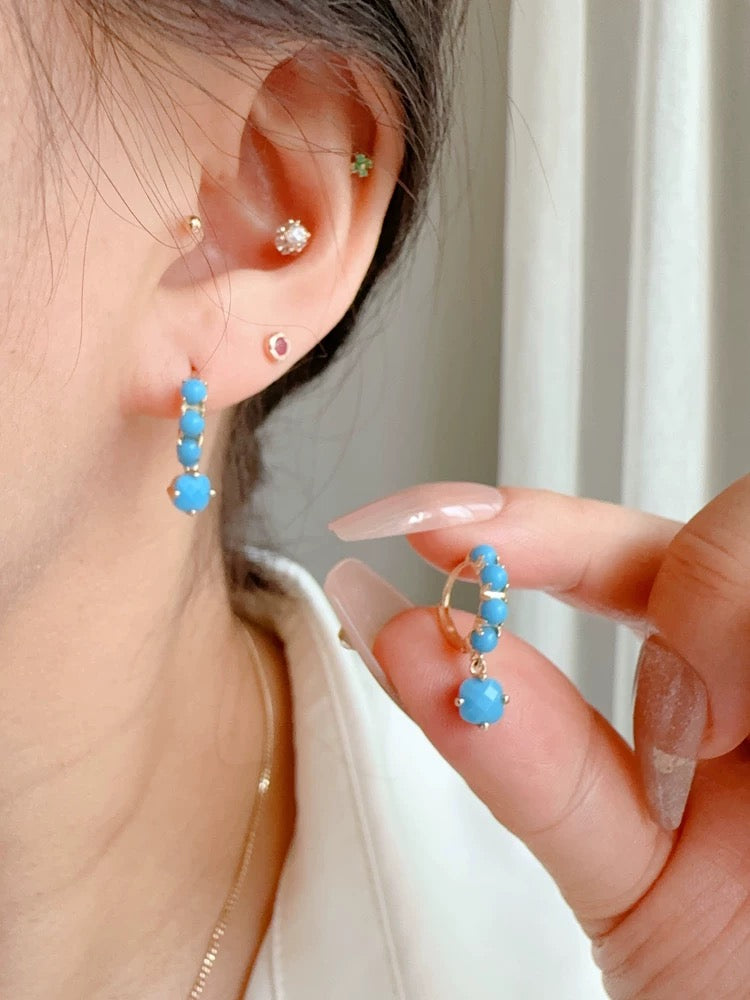 Bubble Blue Stone Drop Huggie Hoops