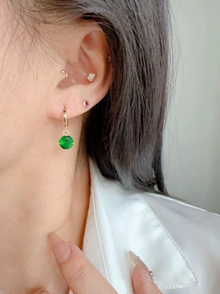 Emerald Moissanite Round Huggie Hoops