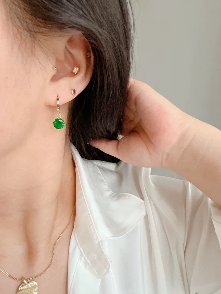 Emerald Moissanite Round Huggie Hoops