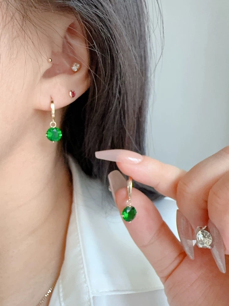 Emerald Moissanite Round Huggie Hoops