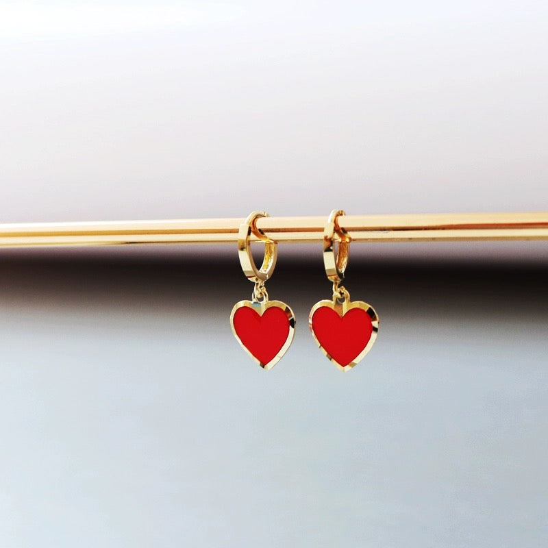 Red Embellished Drop Heart Huggie Hoops