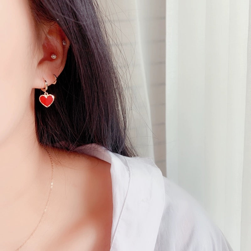 Red Embellished Drop Heart Huggie Hoops