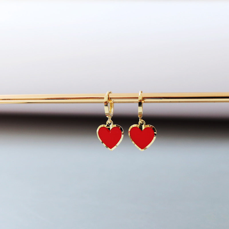 Red Embellished Drop Heart Huggie Hoops