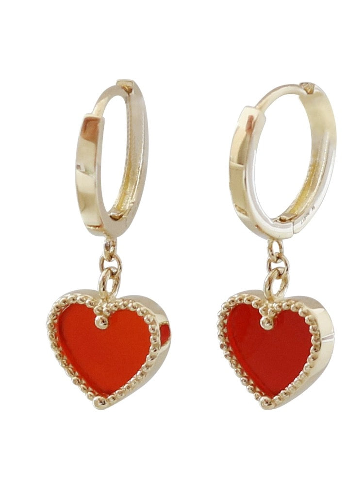 Beaded Red Embellished Drop Heart Huggie Hoops