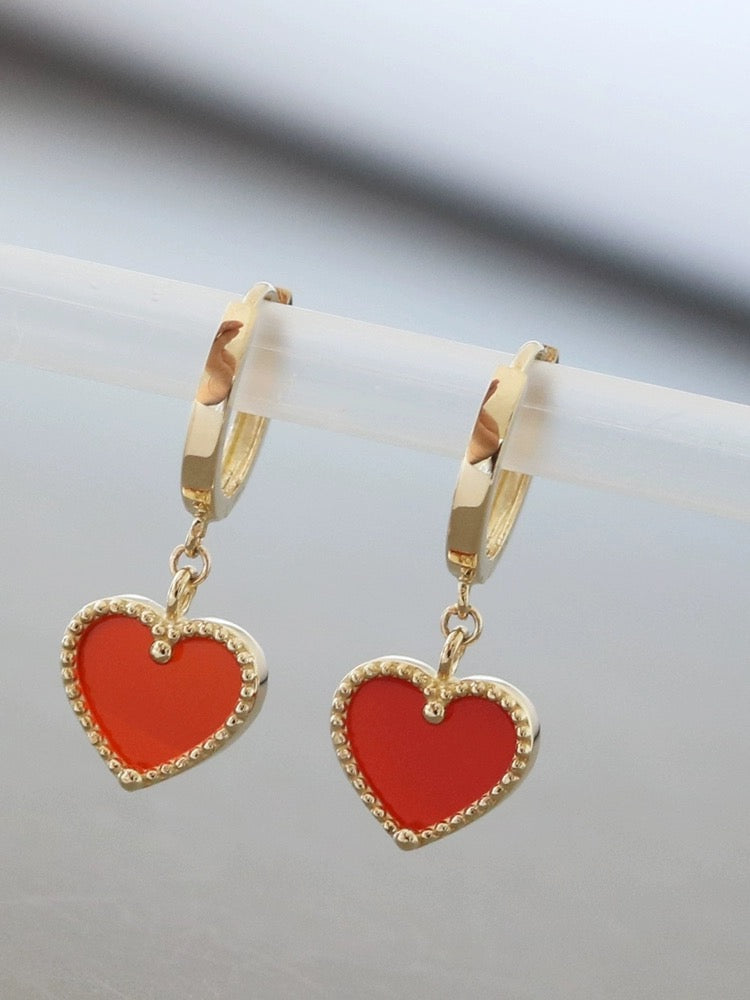 Beaded Red Embellished Drop Heart Huggie Hoops