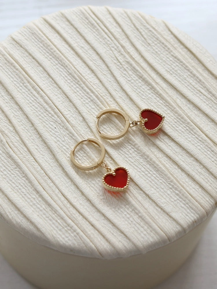 Beaded Red Embellished Drop Heart Huggie Hoops