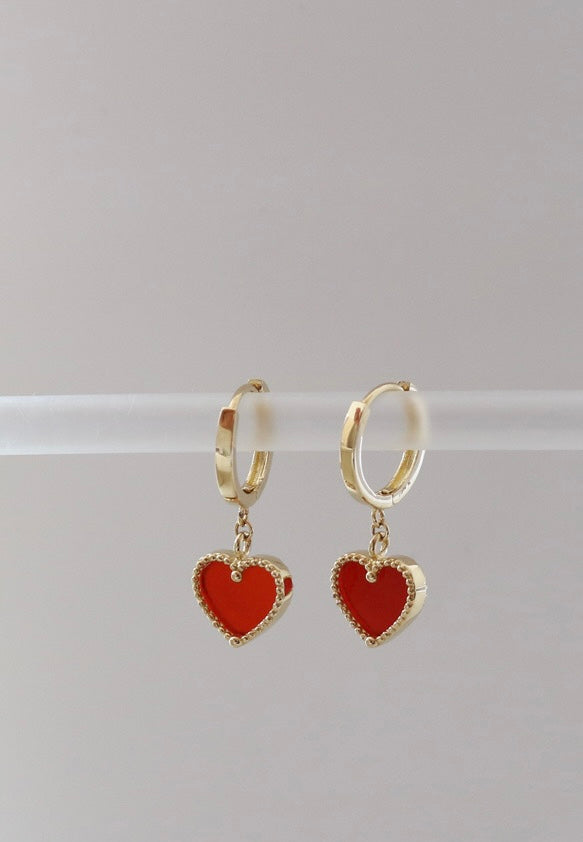 Beaded Red Embellished Drop Heart Huggie Hoops