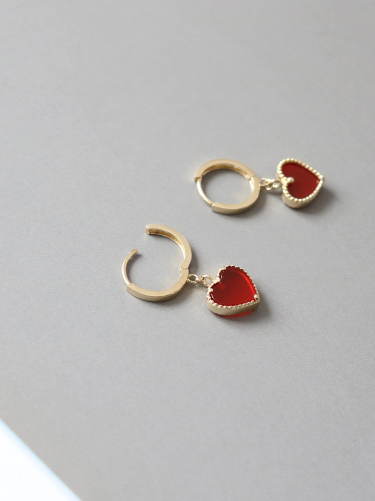 Beaded Red Embellished Drop Heart Huggie Hoops