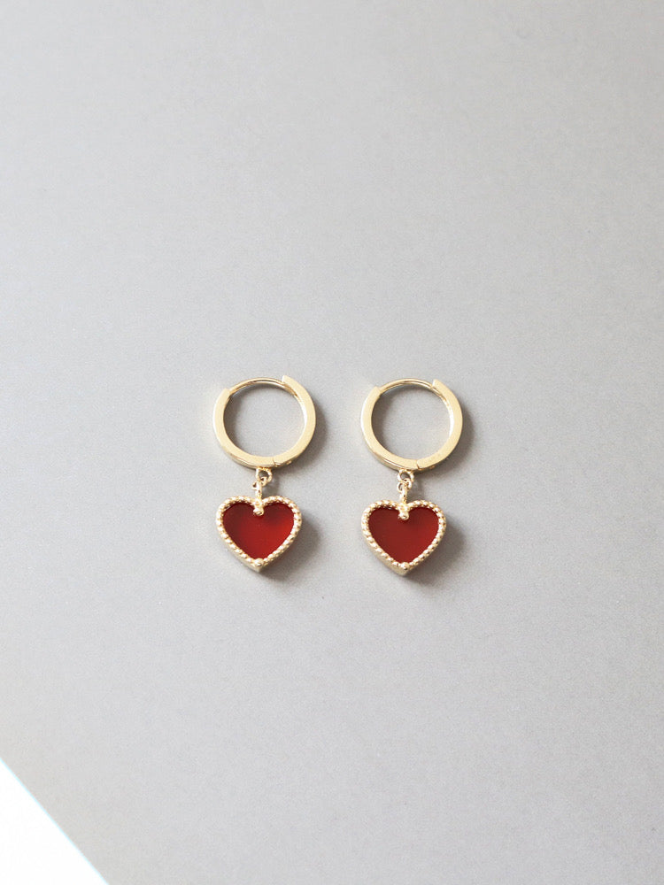 Beaded Red Embellished Drop Heart Huggie Hoops