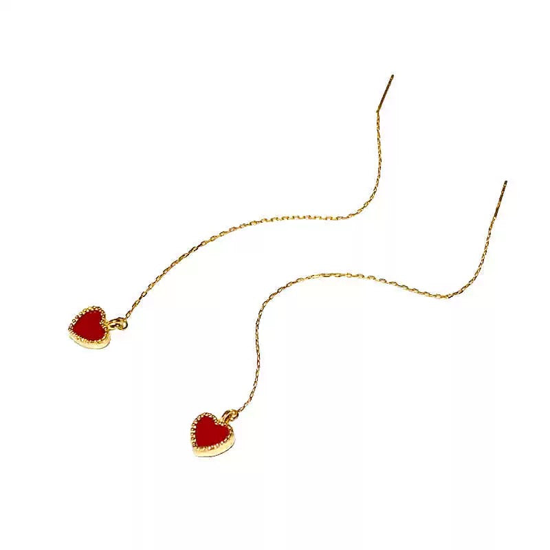 Beaded Red Carnelian Heart Chain Earrings