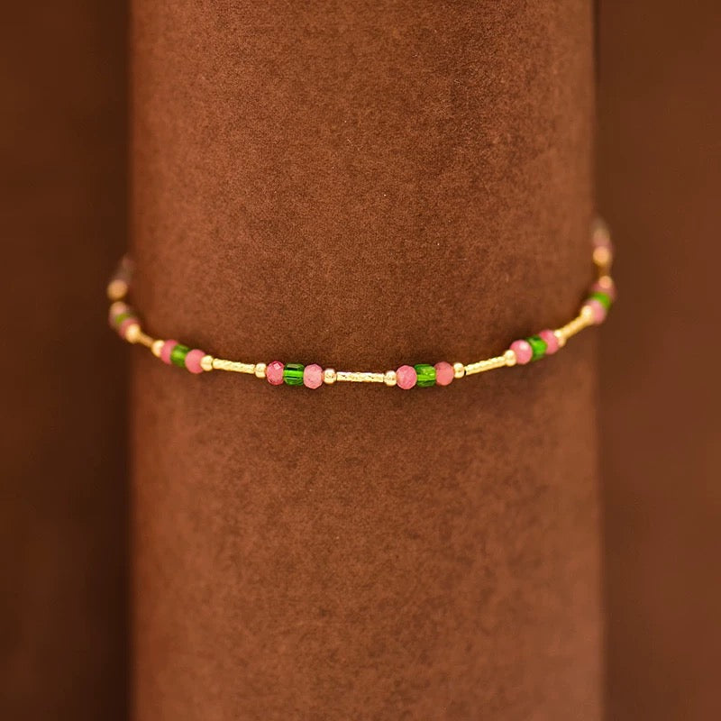 Trio Pink & Green Beaded Bangle Bracelet