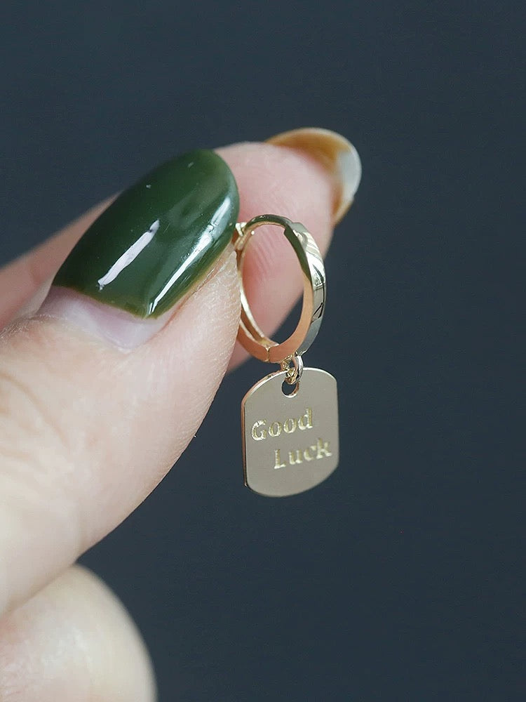 'Good Luck' Tag Huggie Hoops