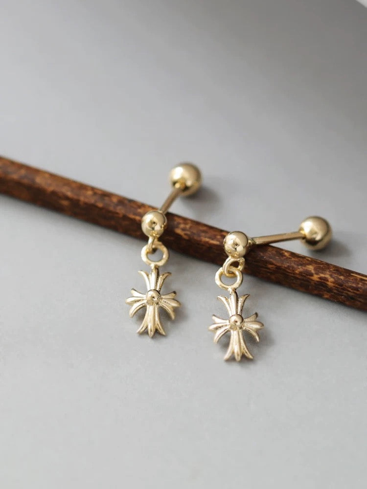 Church Cross Drop Stud Earrings