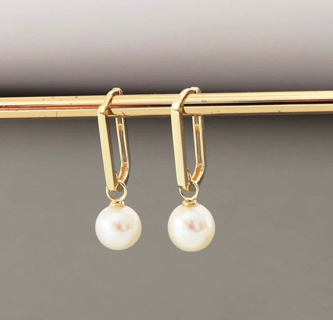 Oblong Frame Hanging Pearl Hoop Earrings