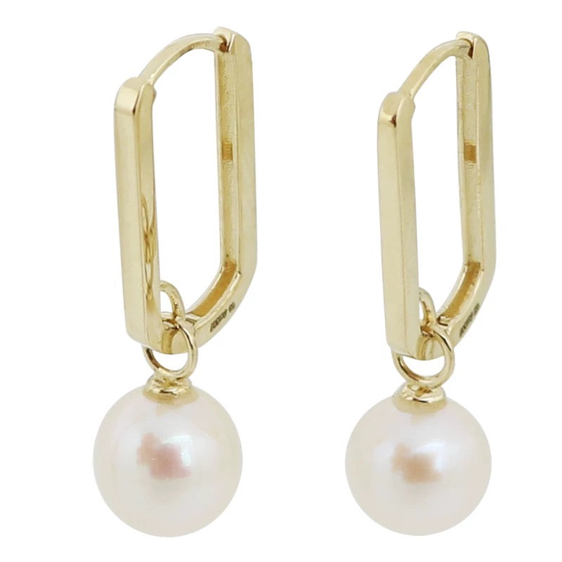 Oblong Frame Hanging Pearl Hoop Earrings