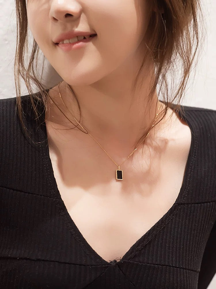 Black Rectangle Charm Necklace