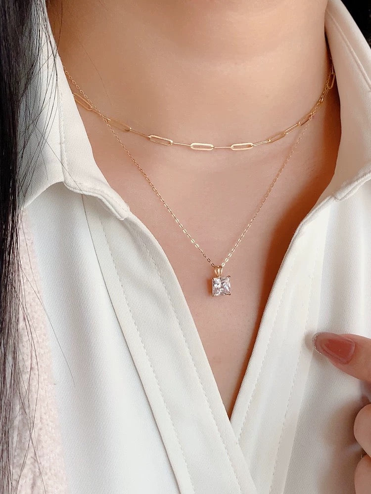 White Moissanite Square Charm Necklace