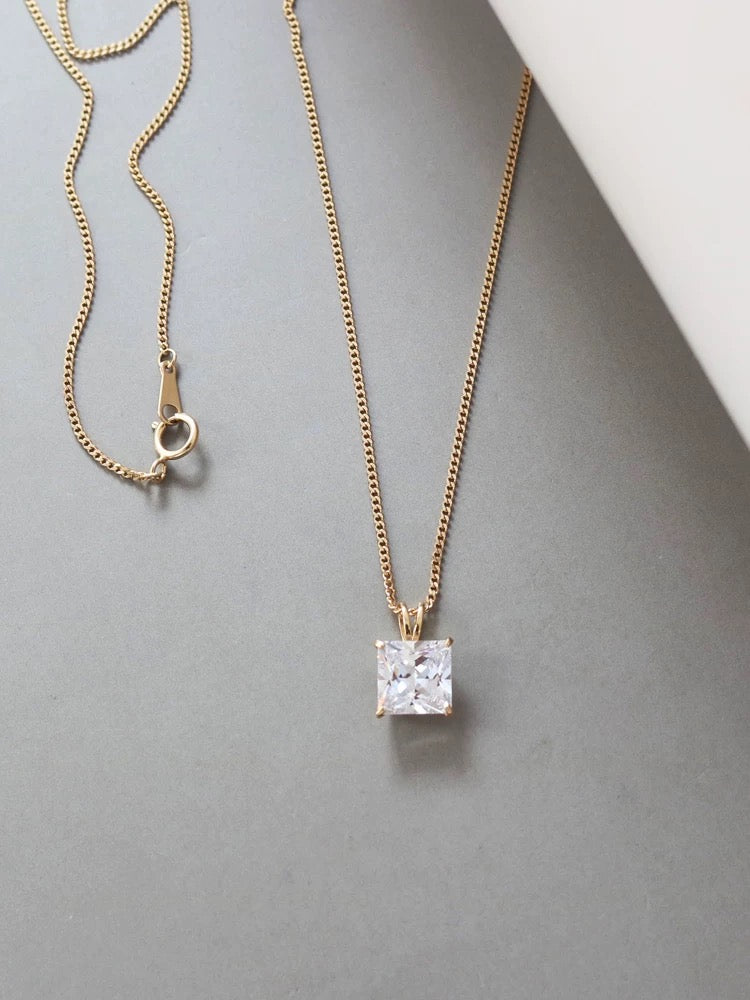 White Moissanite Square Charm Necklace