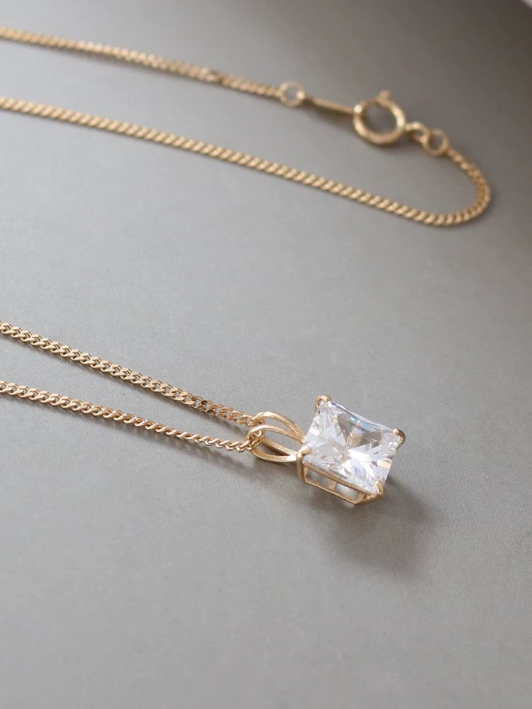 White Moissanite Square Charm Necklace