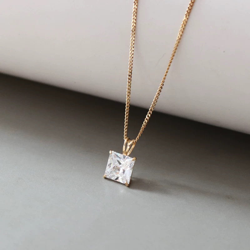 White Moissanite Square Charm Necklace