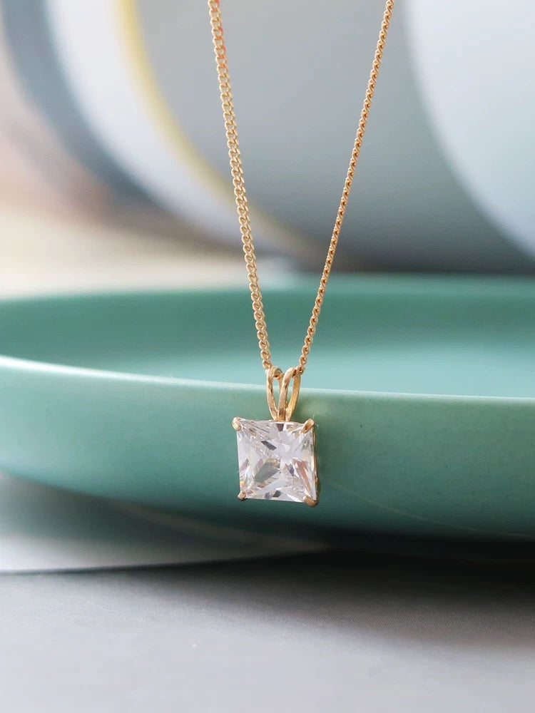 White Moissanite Square Charm Necklace