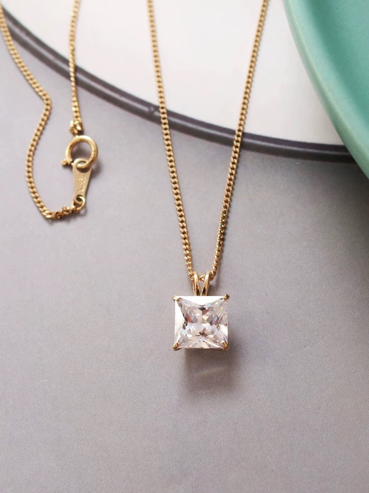 White Moissanite Square Charm Necklace