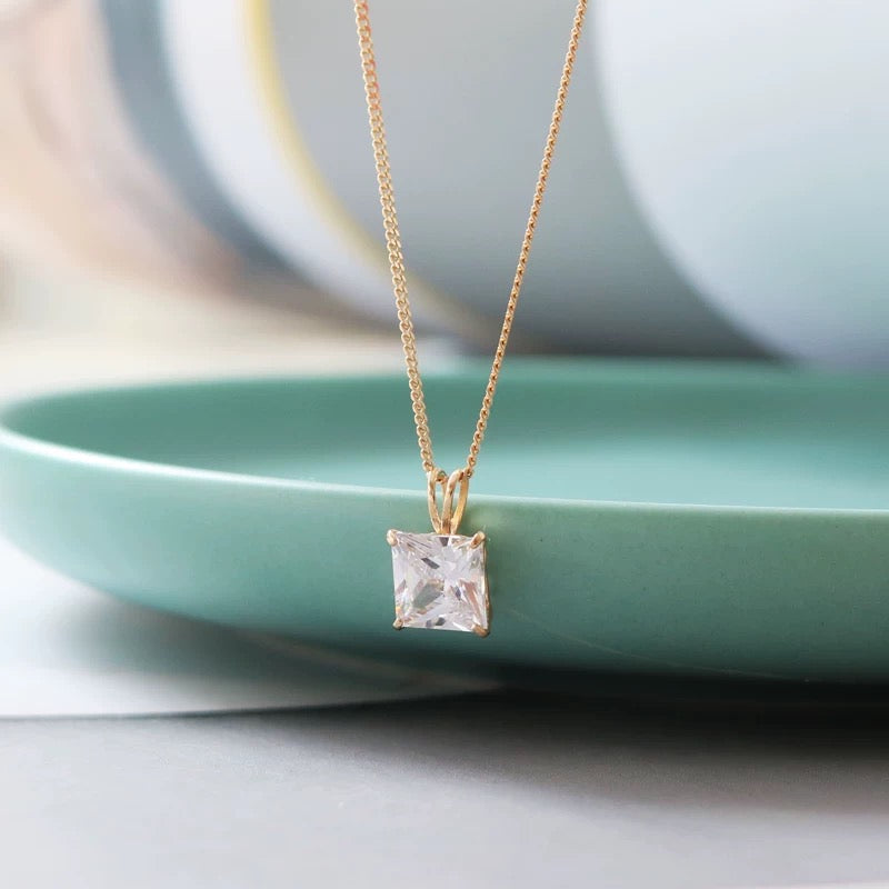 White Moissanite Square Charm Necklace