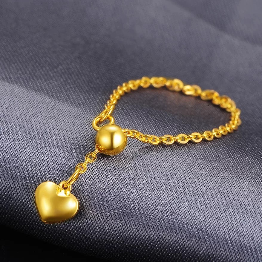 Adjustable Drop Heart Chain Stackable Ring