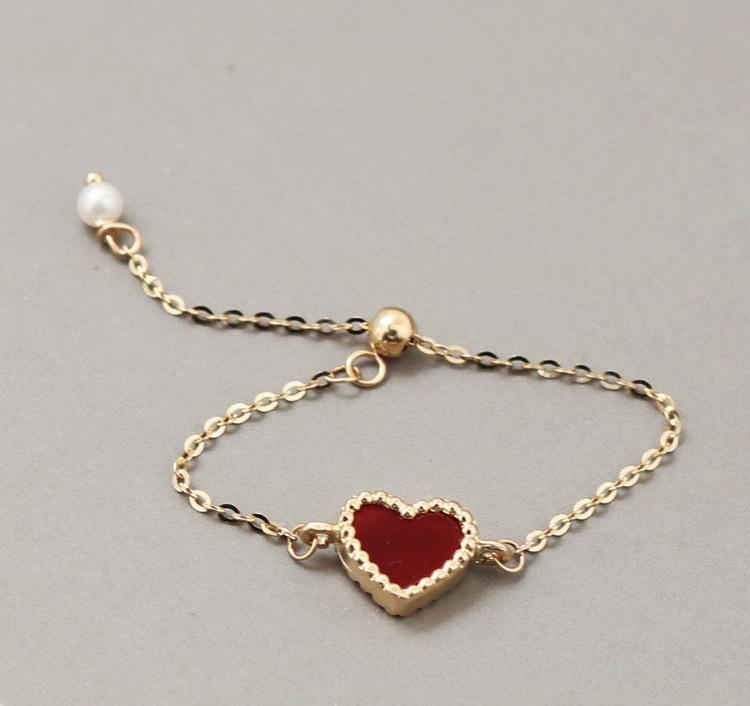 Adjustable Beaded Red Agate Heart Chain Stackable Ring