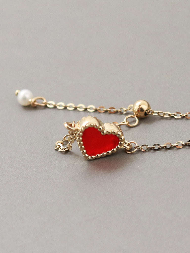 Adjustable Beaded Red Agate Heart Chain Stackable Ring