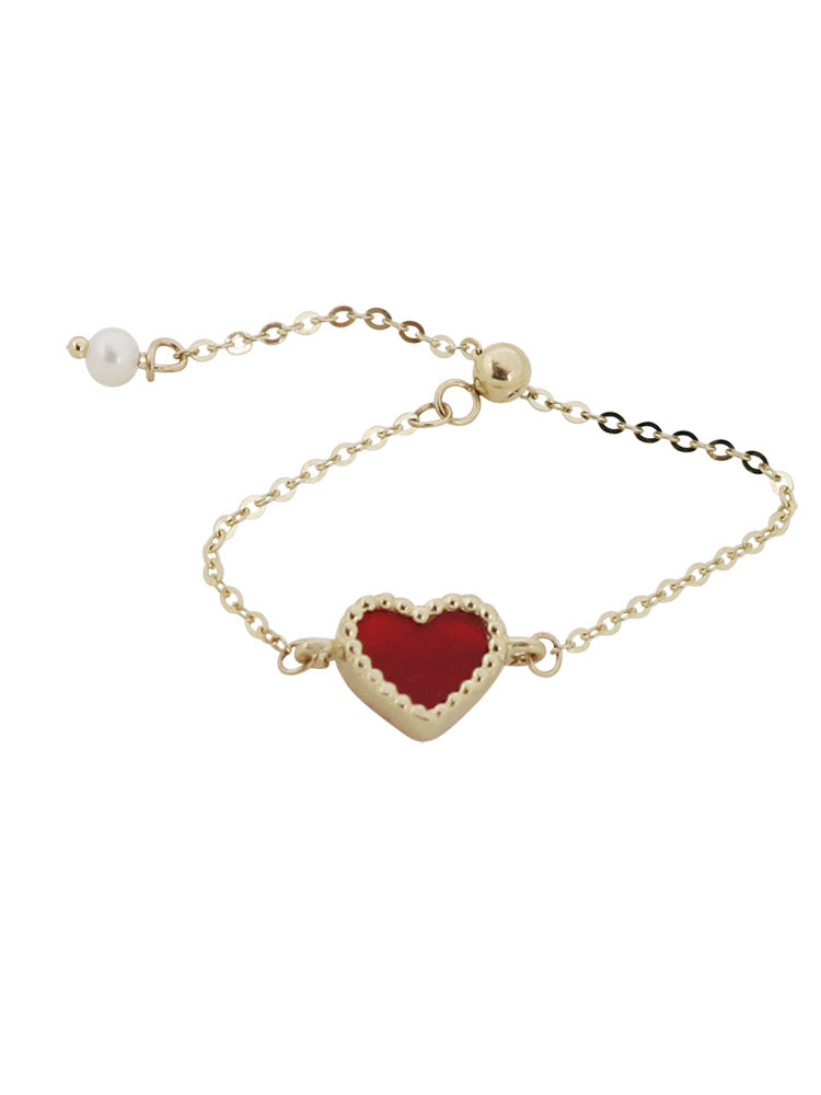 Adjustable Beaded Red Agate Heart Chain Stackable Ring