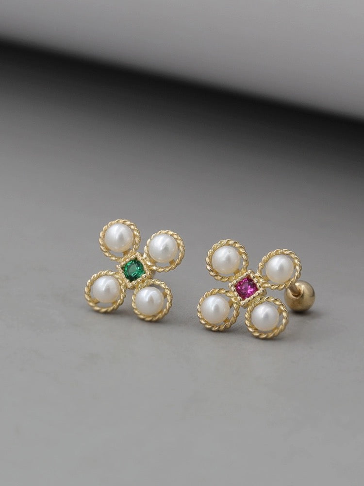 Asymmetric Pearl Flower Tile Stud Earrings