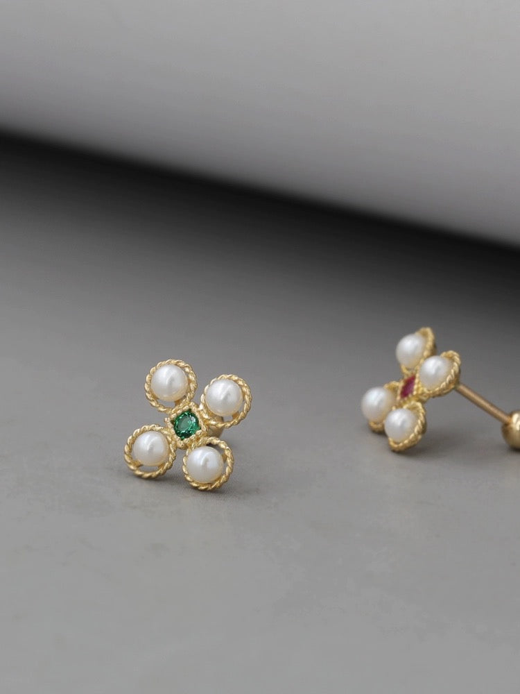 Asymmetric Pearl Flower Tile Stud Earrings