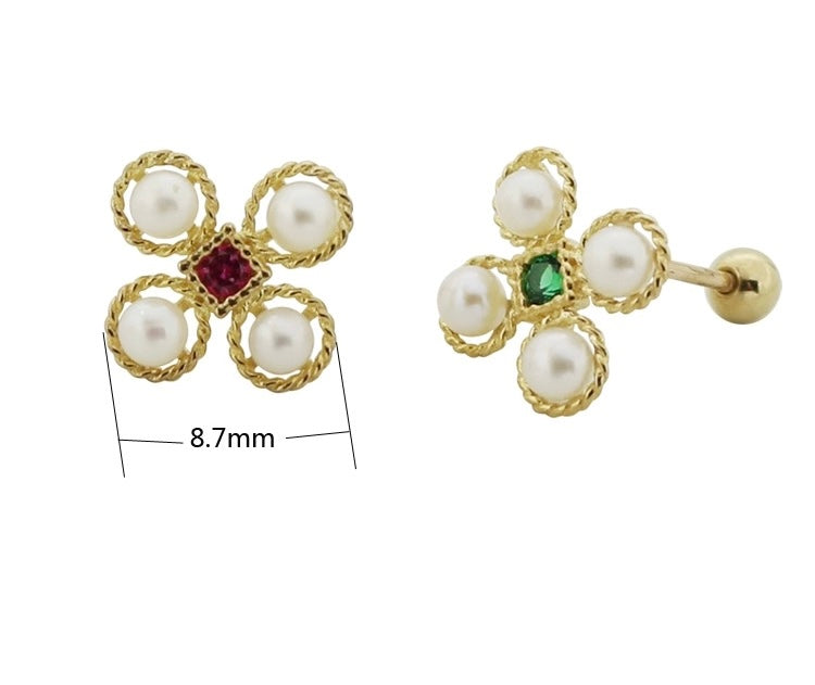 Asymmetric Pearl Flower Tile Stud Earrings