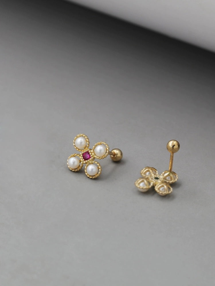 Asymmetric Pearl Flower Tile Stud Earrings