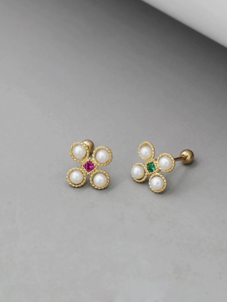 Asymmetric Pearl Flower Tile Stud Earrings