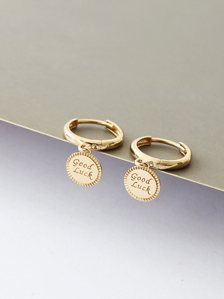 'Good Luck" Coin Huggie Hoops