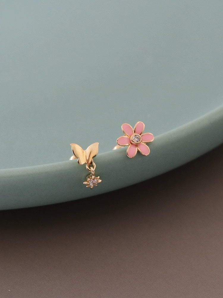 Asymmetric Flower & Butterfly Stud Earrings